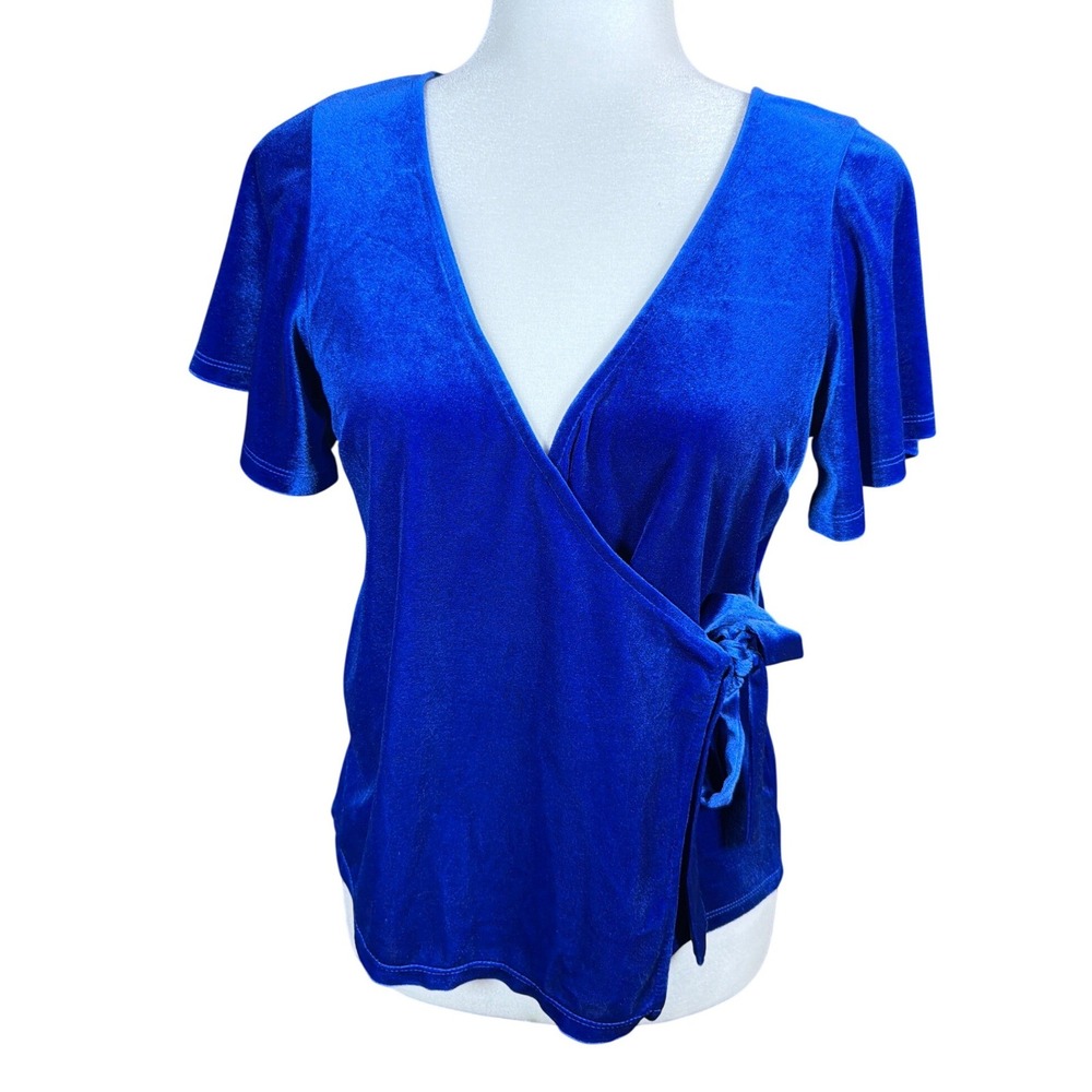 Shinestar Womens Royal Blue Velvet Wrap Top Short Sleeve V-Neck Blouse ST3674B S
